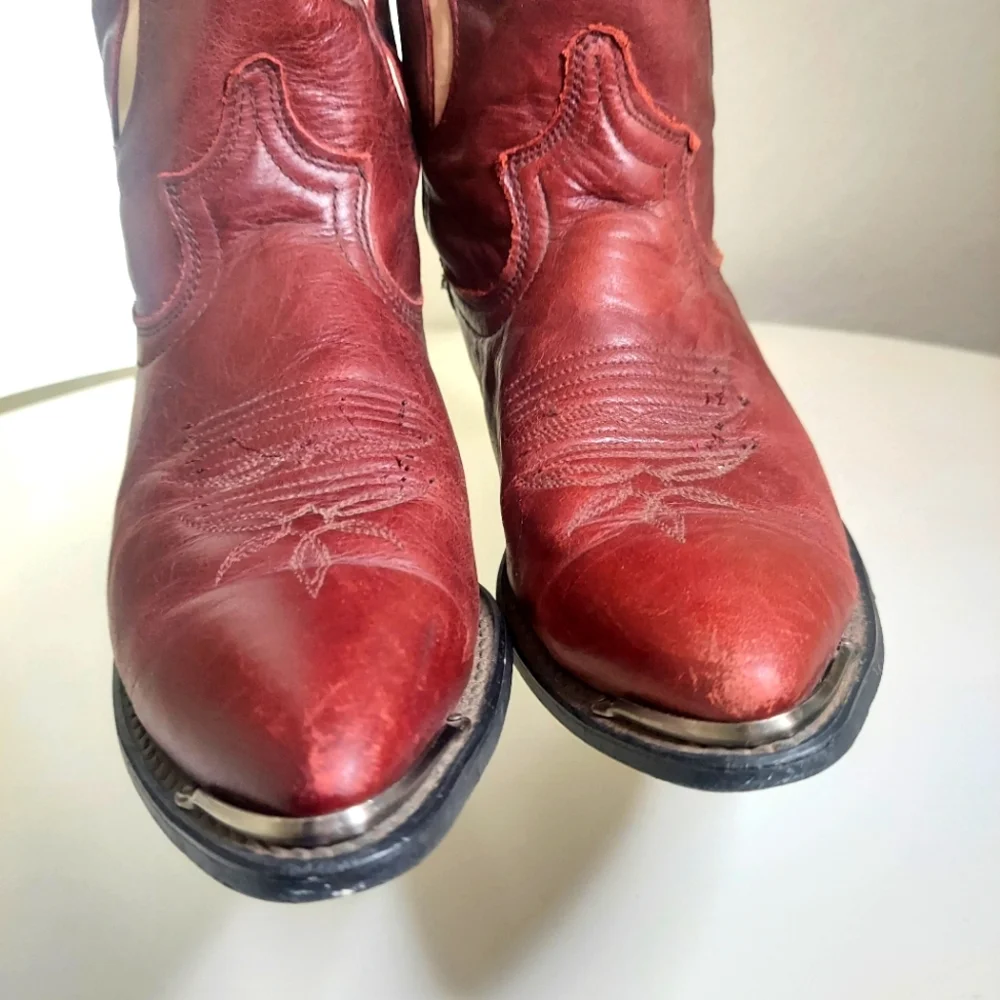 Burgundy & Light Beige Leather Heeled Cowgirl Boots - Picture 10 of 15
